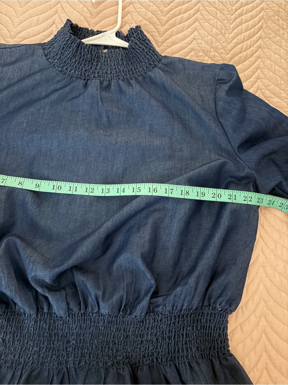 Ashley Stewart Denim Peplum Top Smocked Neck Puff Sleeves Blue Size 12/16 - Picture 11 of 12